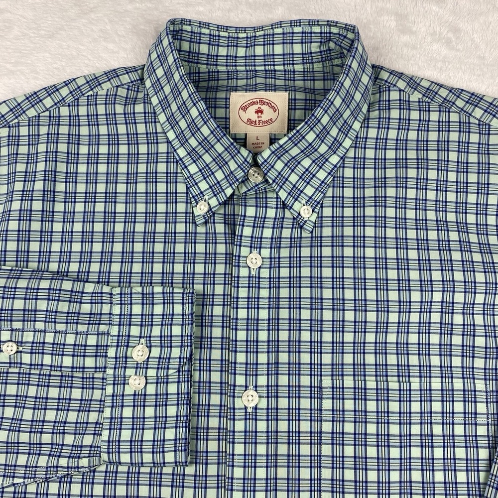 Brooks Brothers Dress Shirt Mens Large Blue/Teal Checks Red Fleece